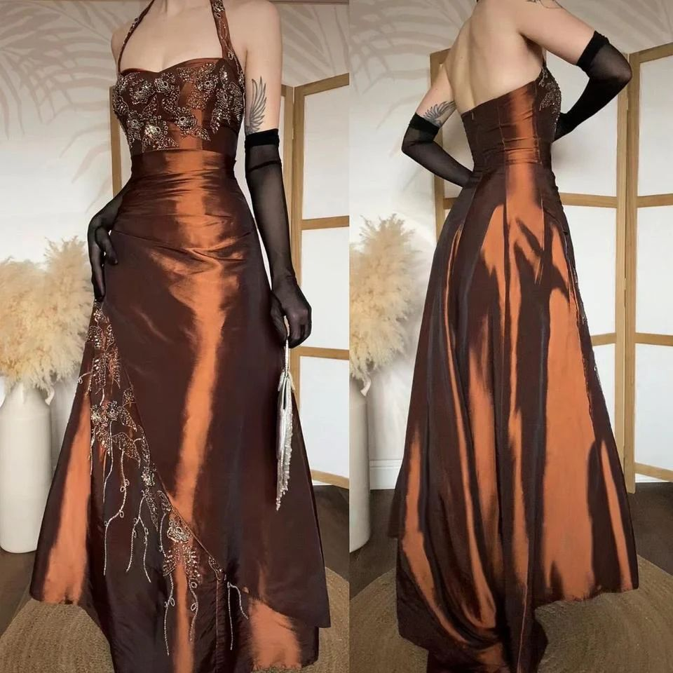 Vintage Halter Brown Satin Beaded Mermaid Evening Dress Long Party Dress Prom Gown With Gloves