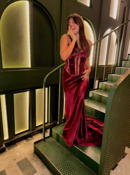 Classy Burgundy Lace Satin Pleated Mermaid Long Wedding Guest Dress Formal Party Dress Evening Gown