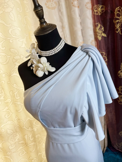 Classy One Shoulder Haze Blue Satin Pleated Mermaid Long Wedding Guest Dress Formal Birthday Evening Dress SP1618