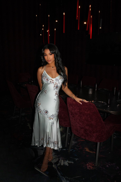 Pretty Spaghetti Straps Blue SAtin Beaded Mermaid Evening Dress Long Prom Dress SP193