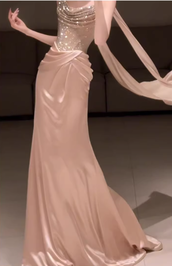 Elegant Strapless Sequin Satin Pleated Mermaid Long Party Dress Birthday Prom Dresses D2219