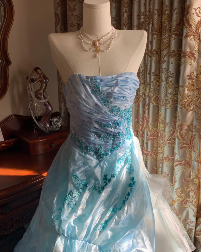 Elegant Blue Strapless Tulle Satin Appliques Long Party Dress Birthday Prom Gown