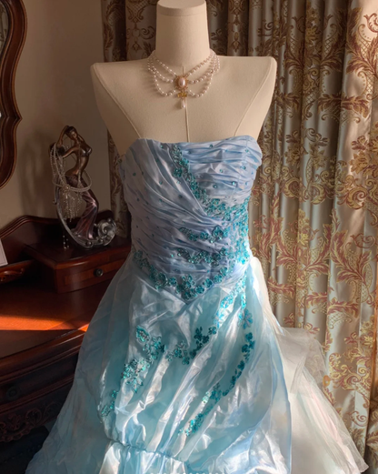 Elegant Blue Strapless Tulle Satin Appliques Long Party Dress Birthday Prom Gown
