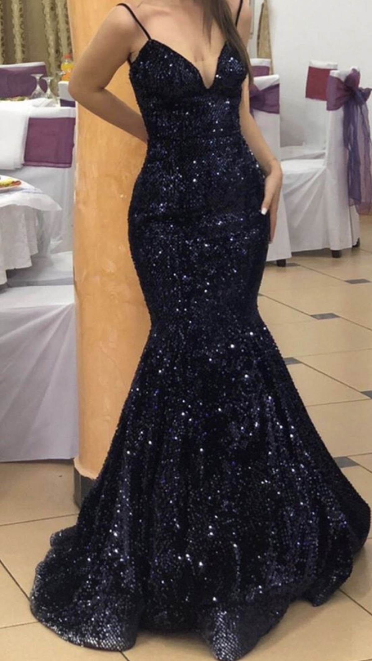 Sparkly Spaghetti Straps Navy Blue V Neck Sequin Mermaid Long Wedding Guest Dress Formal Evening Dress SP1323