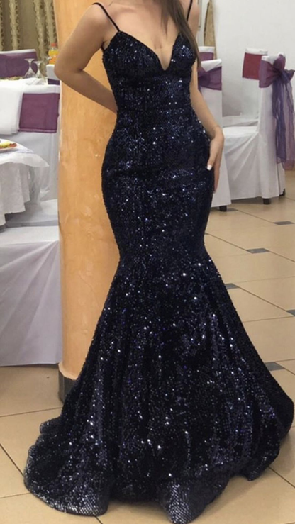 Sparkly Spaghetti Straps Navy Blue V Neck Sequin Mermaid Long Wedding Guest Dress Formal Evening Dress SP1323