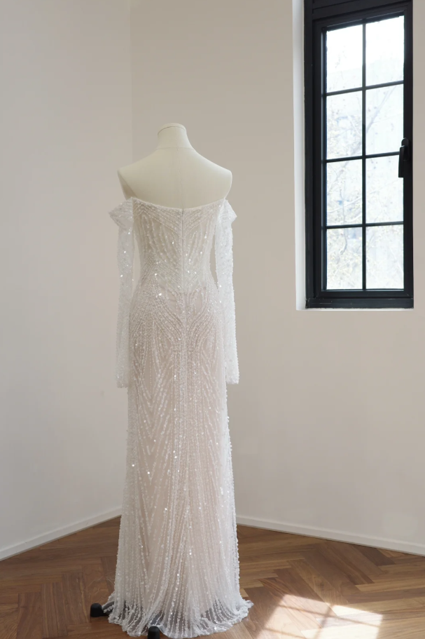 Shiny White Off The Shoulder Sequin Beaded Mermaid Long Party Dress Birthday Prom Dresses D2167