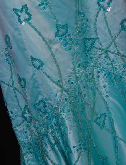 Gorgeous Blue Spaghetti Straps Satin Beaded Mermaid Long Birthday Prom Dress Party Dress D2275