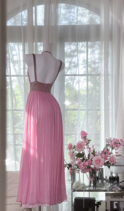 Pretty Pink V Neck Sequin Chiffon A Line Long Wedding Guest Dress Formal Party Dress Prom Dresses D2093