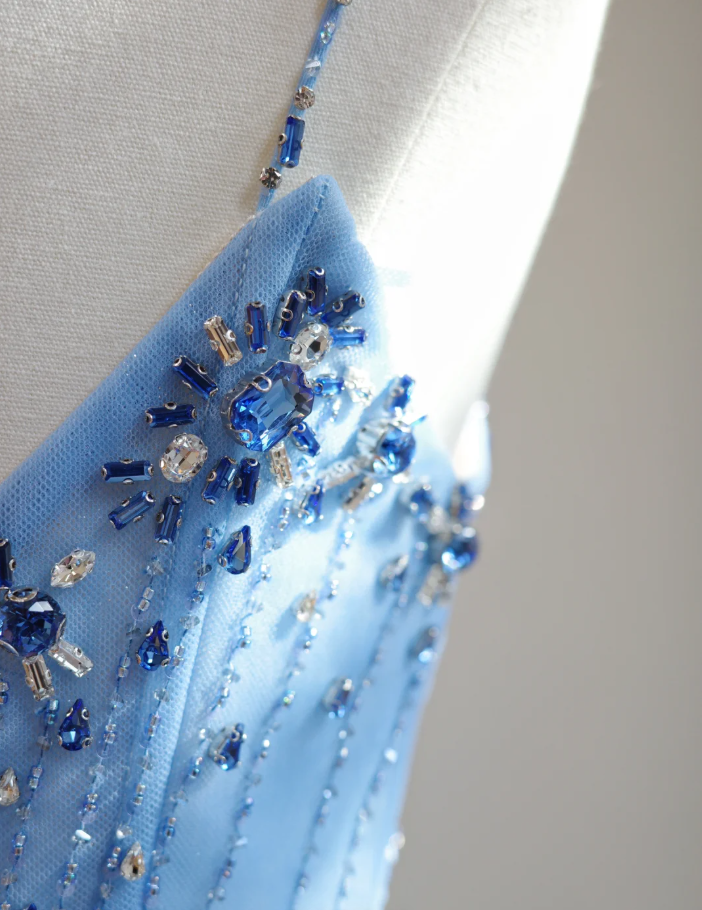 Fairy Spaghetti Straps Blue Satin Beaded Feathers A Line Birthday Prom Dress Party Dress D2151