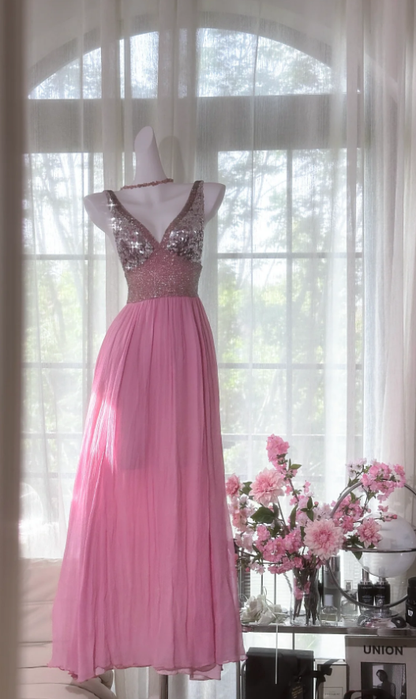 Classy Pink V Neck Chiffon Sequin A Line Long Party Dress Backless Birthday Prom Gown
