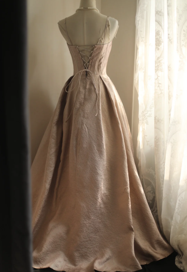Beautiful Spaghetti Strap Pink Satin Floral A Line Long party Dress Birthday Prom Dress D2313