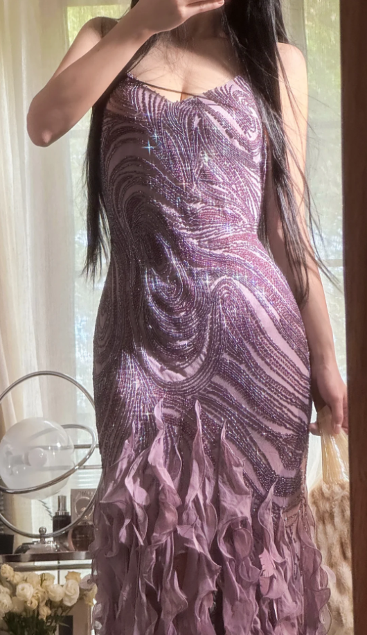 Vintage Purple Spaghetti Straps Chiffon Beaded Ruffles Mermaid Long Party Dress Birthday Prom Dress D2306