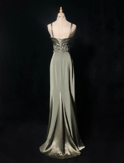Vintage Spaghetti Straps Olive Green Satin Sheath Long Evening Dress Formal Wedding Guest Dress With Appliques SP1796