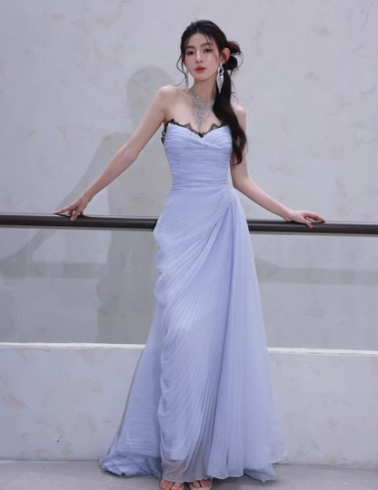 Classy Haze Blue Strapless Tulle Pleated Mermaid Long Party Dress Evening Gown