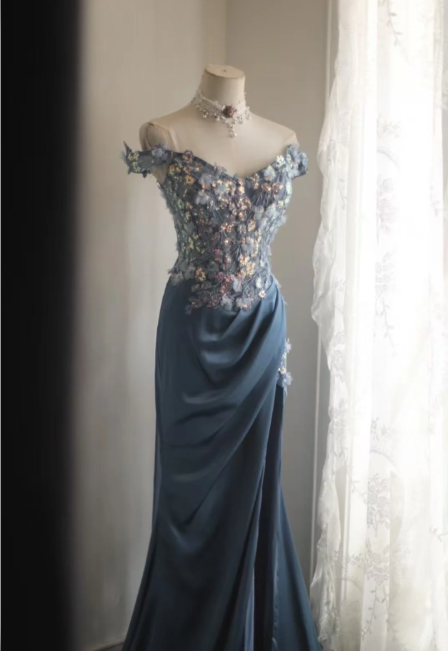 Gorgeous Off The Shoulder V Neck Satin Sequin Appliques Evening Dress Long Mermaid Slit Prom Dresses D2203
