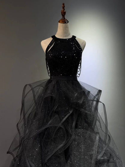 A-Line High Neck Tulle Ball Gown Sequin Black Prom Dresses With Beads