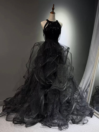 A-Line High Neck Tulle Ball Gown Sequin Black Prom Dresses With Beads