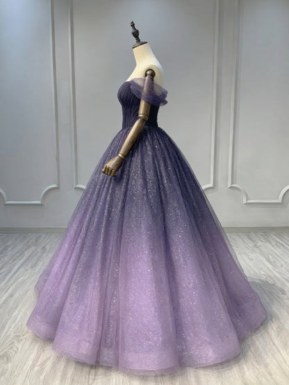A-Line Off Shoulder Sweetheart Shiny Tulle Purple Ball Gown Prom Dresses