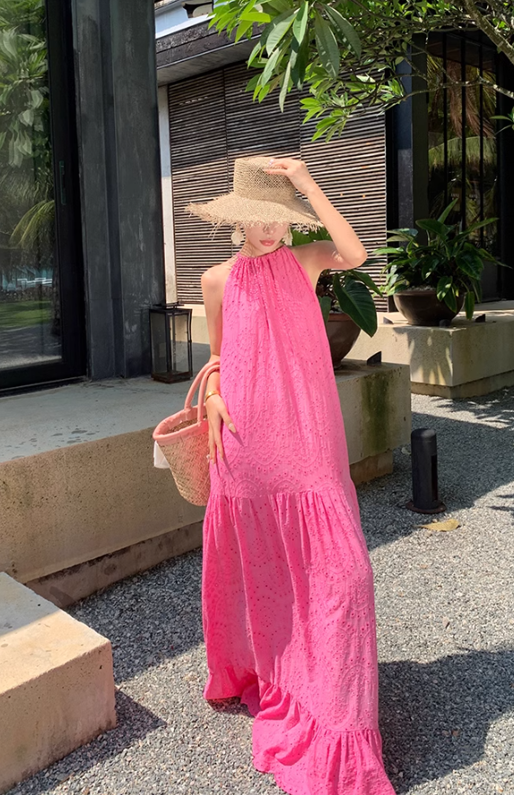French lace hollow rose red sleeveless halter neck temperament long dress holiday style dress R0198