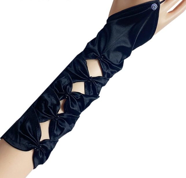 Hollow hook elastic wedding dress wedding gloves medium length embroidered beaded gloves bow     S6260