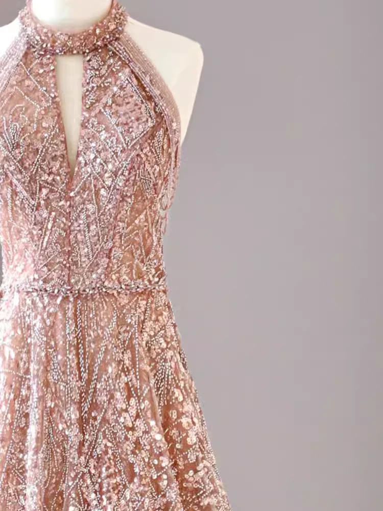 A Line High Neckline Sequin Long Evening Dress Beads Prom Dress fg8577