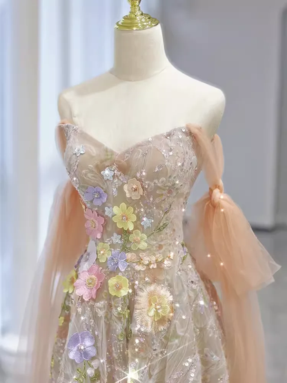 A line Straps Floral Lace Long Evening Dress Prom Dress   fg8582