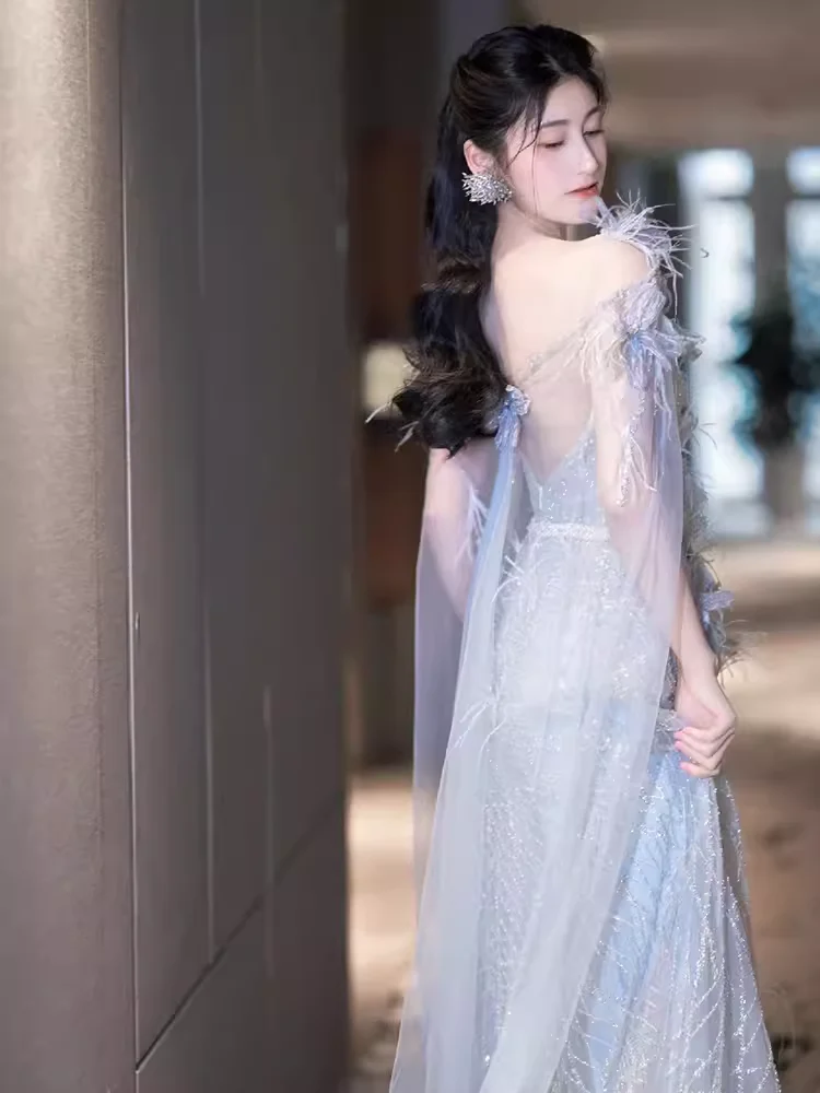 A line Straps Sequin Beads Long Evening Dress Prom Dresses With Flowers  fg8586