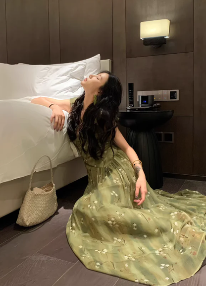 A Line V Neck Prom Party Dress Chiffon Green Flora Evening Dress fg8689
