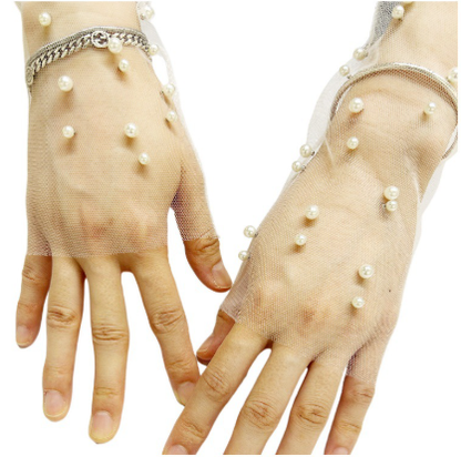 Wedding Long Tulle Pearl Bridal Gloves Lace Opera Evening Transparent Gloves     S6229