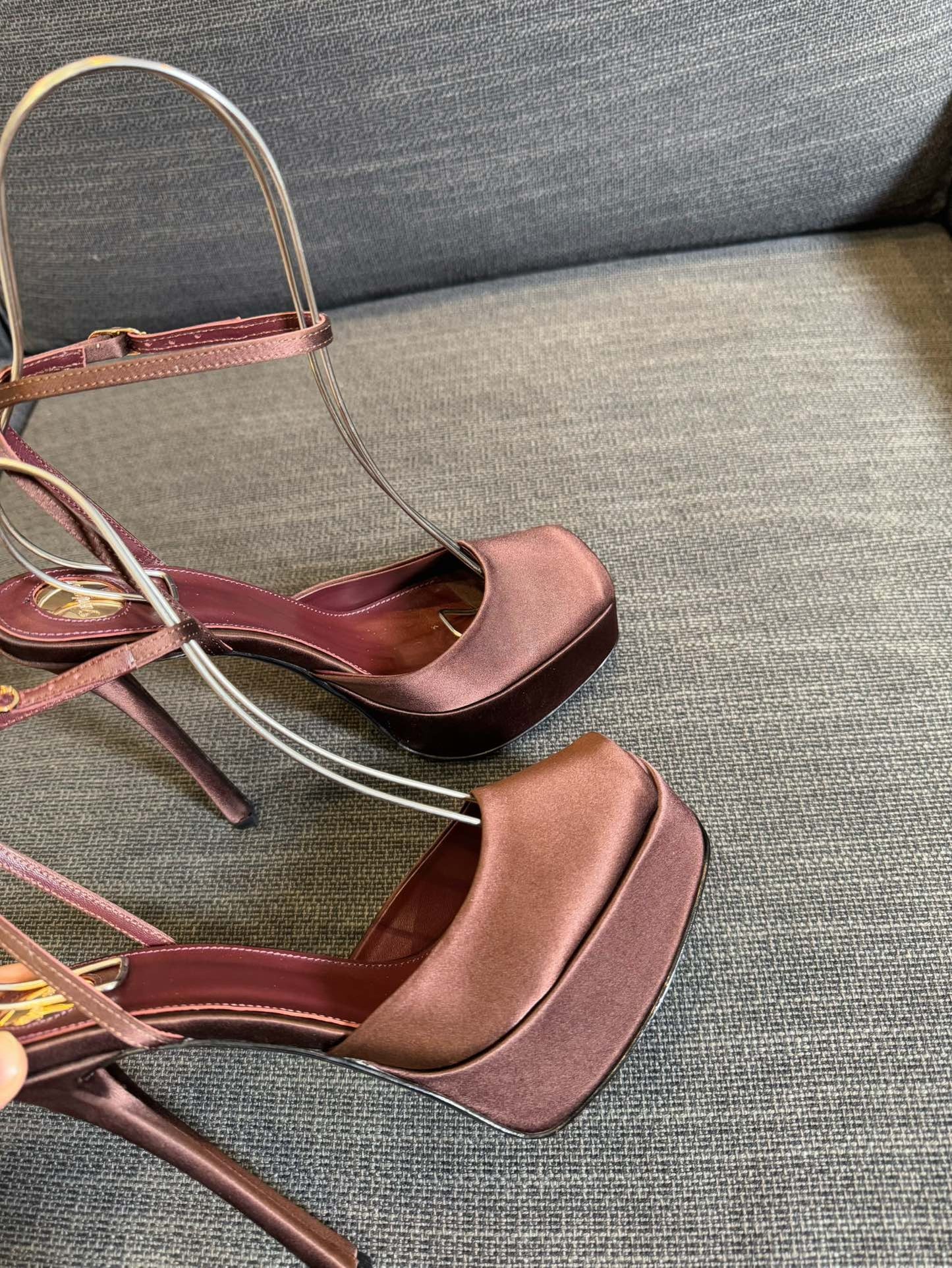 LA SCANDALE PLATFORM SANDALS IN DARK CAPPUCCINO SATIN