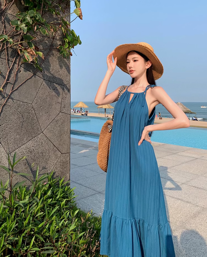 Bohemian retro blue white sling fishtail dress holiday style seaside beach dress sling dress long skirt R0196