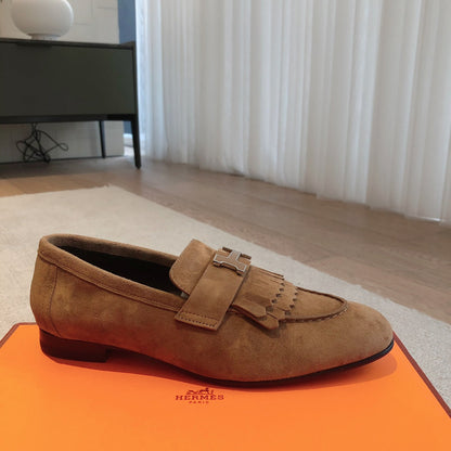 Royal Loafer Brown Suede Calfskin With Fringe Detail And Brown Silver Signature Buckle 509433