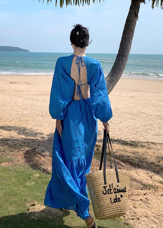 Seaside travel long skirt hollow waist slim embroidery backless long sleeves big swing dress R0186