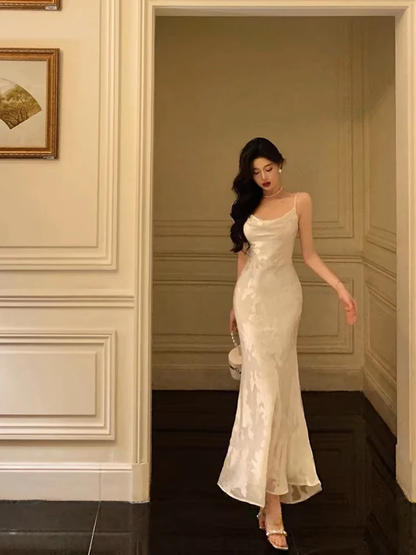 Elegant Mermaid Floral Ivory Satin Prom Dress Spaghetti Straps Party Gown Birthday Outfit cc1504