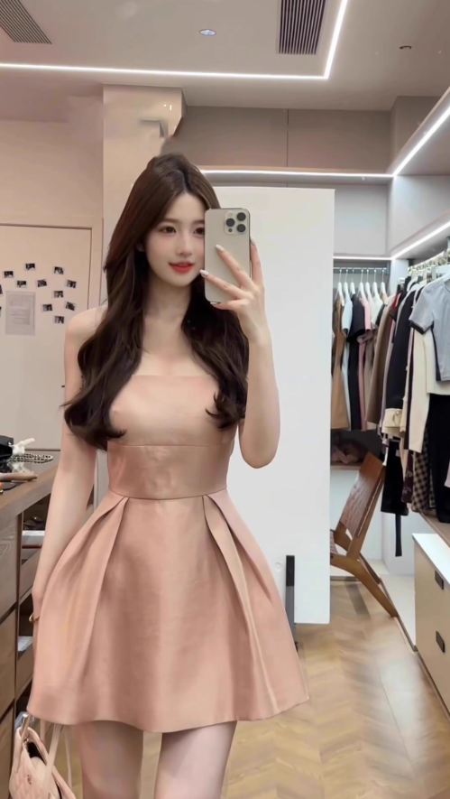 Gentle and elegant pink square neck suspender dress with waist A-line short skirt R0487