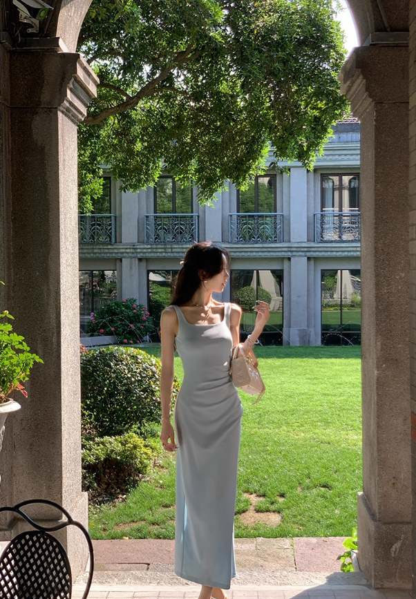 French square neck blue suspender dress waist temperament high-end slim long skirt R4338