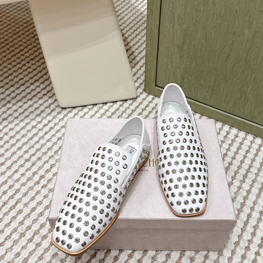 Jimmy Choo Eliot flat Slippers Metallic Eyelets White Calfskin 568493