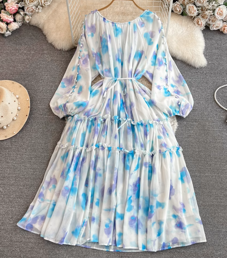 Gentle style lady temperament long sleeve low round neck waist medium length A-line printed dress R0392