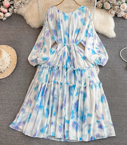 Gentle style lady temperament long sleeve low round neck waist medium length A-line printed dress R0392