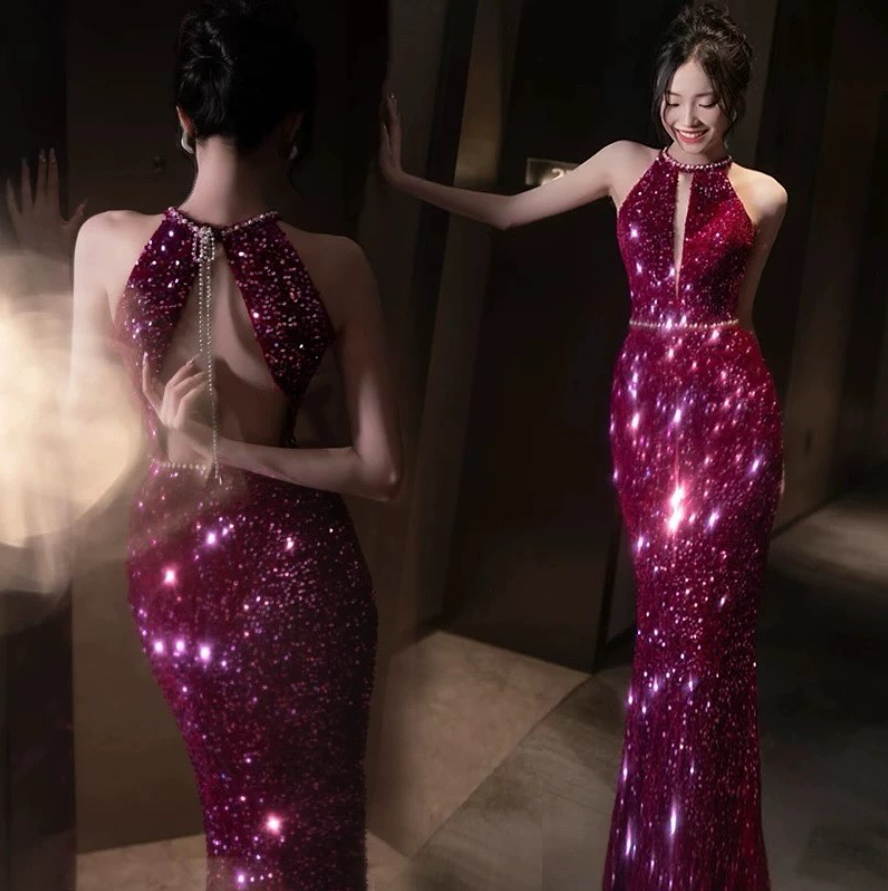 Elegant Fuchsia Halter Sequins Mermaid Long Evening Party Dress MD7494