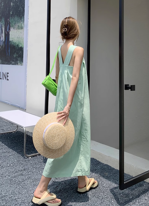 French cotton and linen suspender dress holiday seaside skirt travel long skirt suspender skirt R0195
