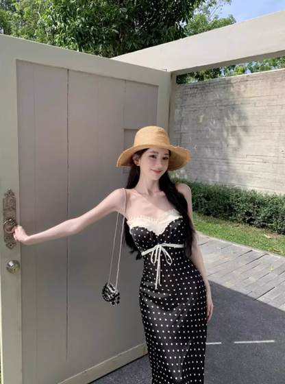 Temperament lace polka dot one-shoulder tube top dress with slim waist and hip-hugging long skirt R0581