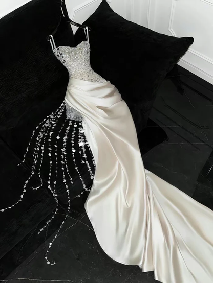 Ivory Beaded Long Prom Dress Sexy Evening Party Gown Birthday Dress