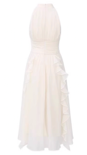 French style white sleeveless halter dress with gentle temperament, ruffled waist and slimming A-line long skirt R0433