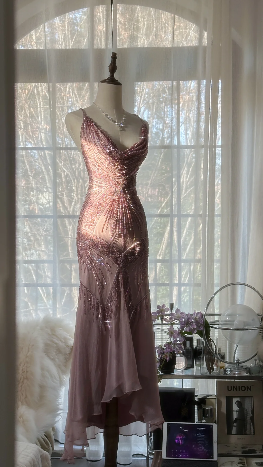 Vintage Pink Sparkling Elegant Beaded Sweetheart Romantic Chiffon Evening Dress D1467