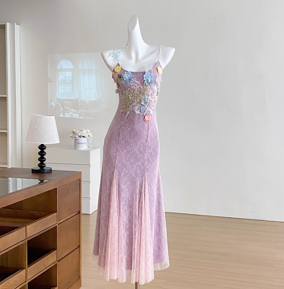 2025 new flower lace mesh fishtail dress medium-length slim hip-wrapped suspender skirt R0280