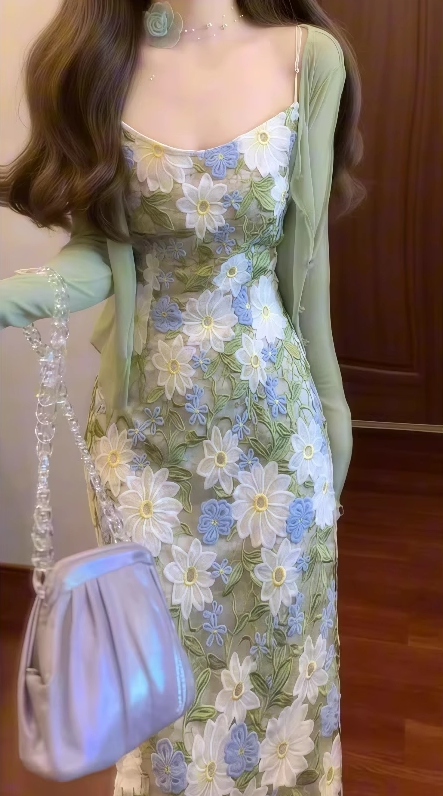 Gentle green floral suspender dress with beautiful temperament waist long skirt R0654