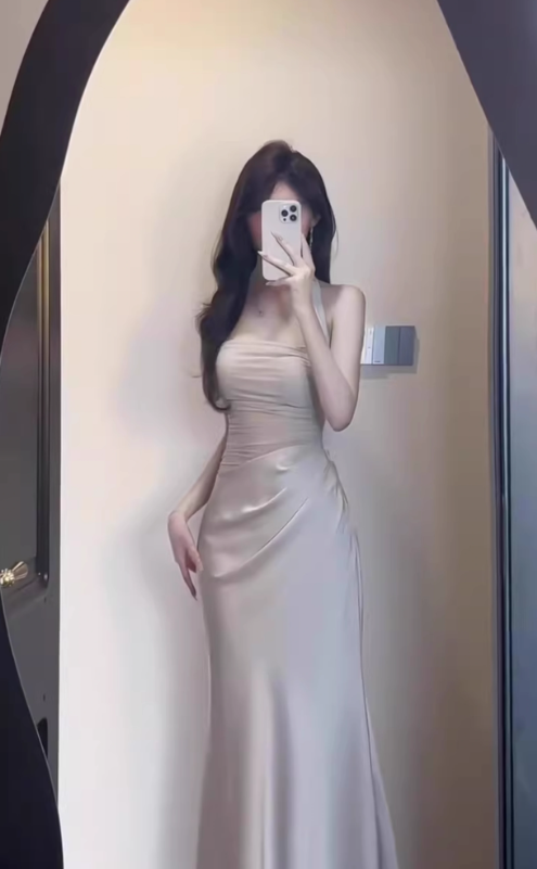 French style mesh hollow off-shoulder halter dress high-grade acetate satin waist slim hip skirt summer R0432