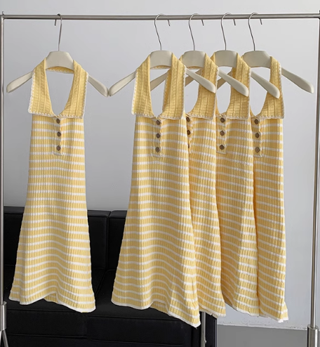Lemon Cream Hot Girl Backless Knitted Skirt Women's Summer Sweet Polo Dress R0262