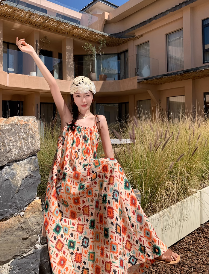 National style retro floral suspender dress temperament loose A-line long skirt R0615